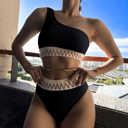 One-shoulder Bikini With Striped Pleated And Ripple Print Design