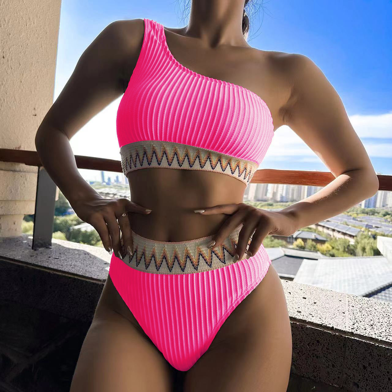 One-shoulder Bikini With Striped Pleated And Ripple Print Design