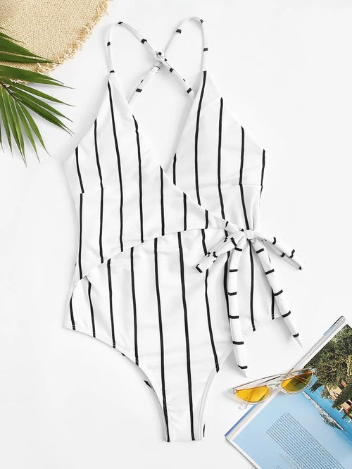 Stripe Cross Backless One-piece Swimsuit