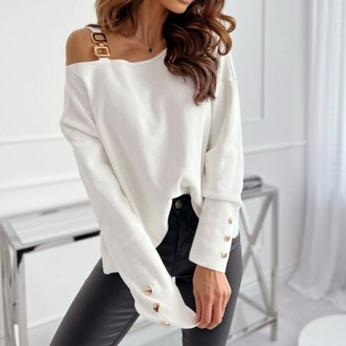 Solid Chain Splicing Tops Casual Long Sleeve Pullover