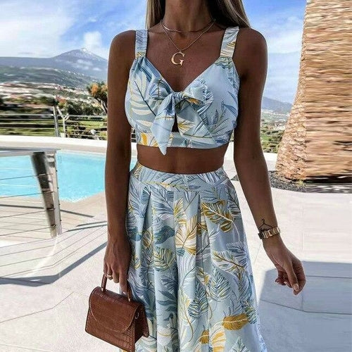 Print 2 Piece Sets  Sleeveless Hollow Out Crop Tops And Slit Wide Leg