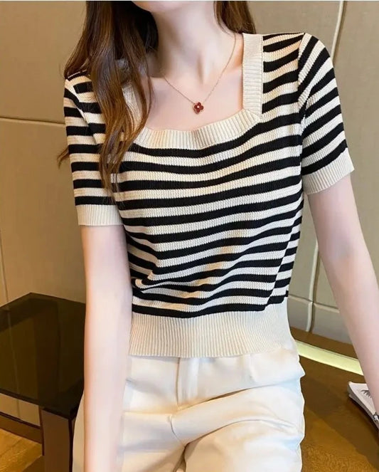 Striped Contrast Color Ice Silk T-shirt